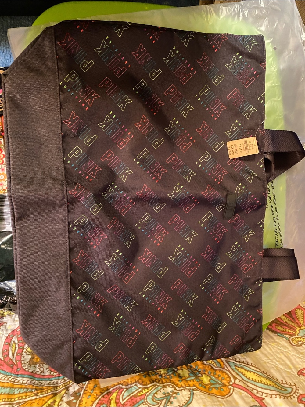 PINK Victoria's Secret Black Tote with Multicolor Logo Print